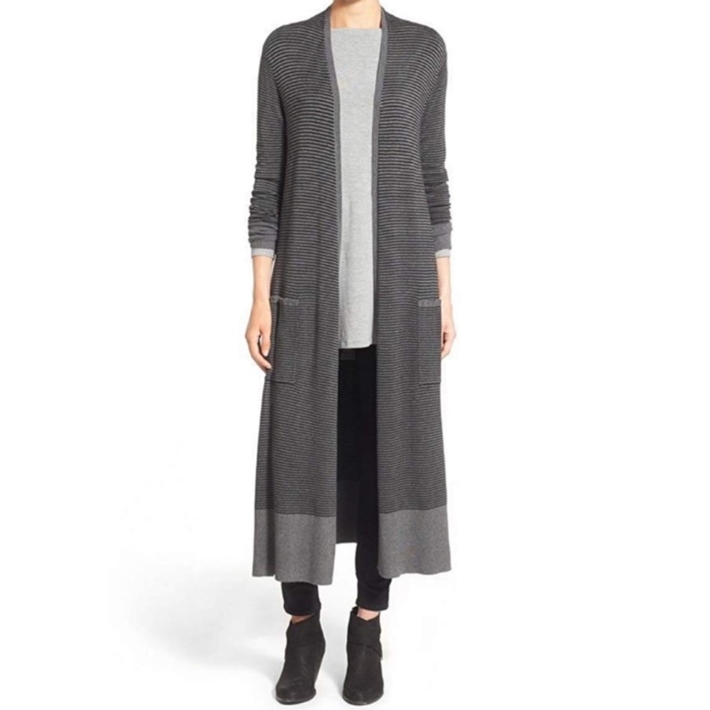 EILEEN FISHER Gray Long Striped Cardigan Size PM